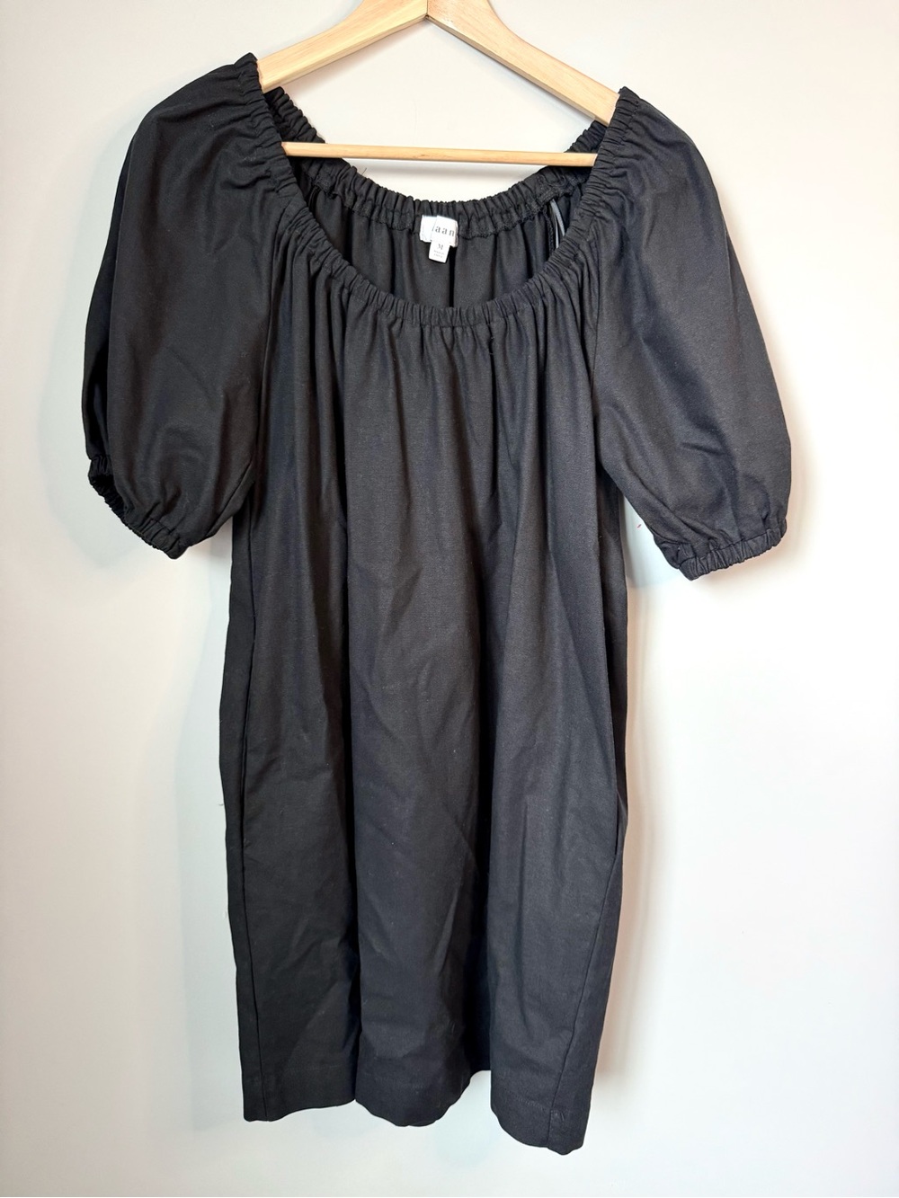 Black Linen Blend Puff-Sleeve Off the Shoulder Mini Dress with Pockets